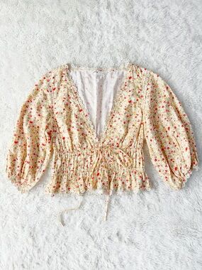 Peony Woman Floral Organic V-Neck Smocked Tie Puff Sleeve Top MEDIUM Romantic